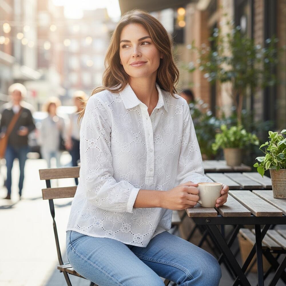 Talbots White Floral Eyelet Partial Button Neck C… - image 1